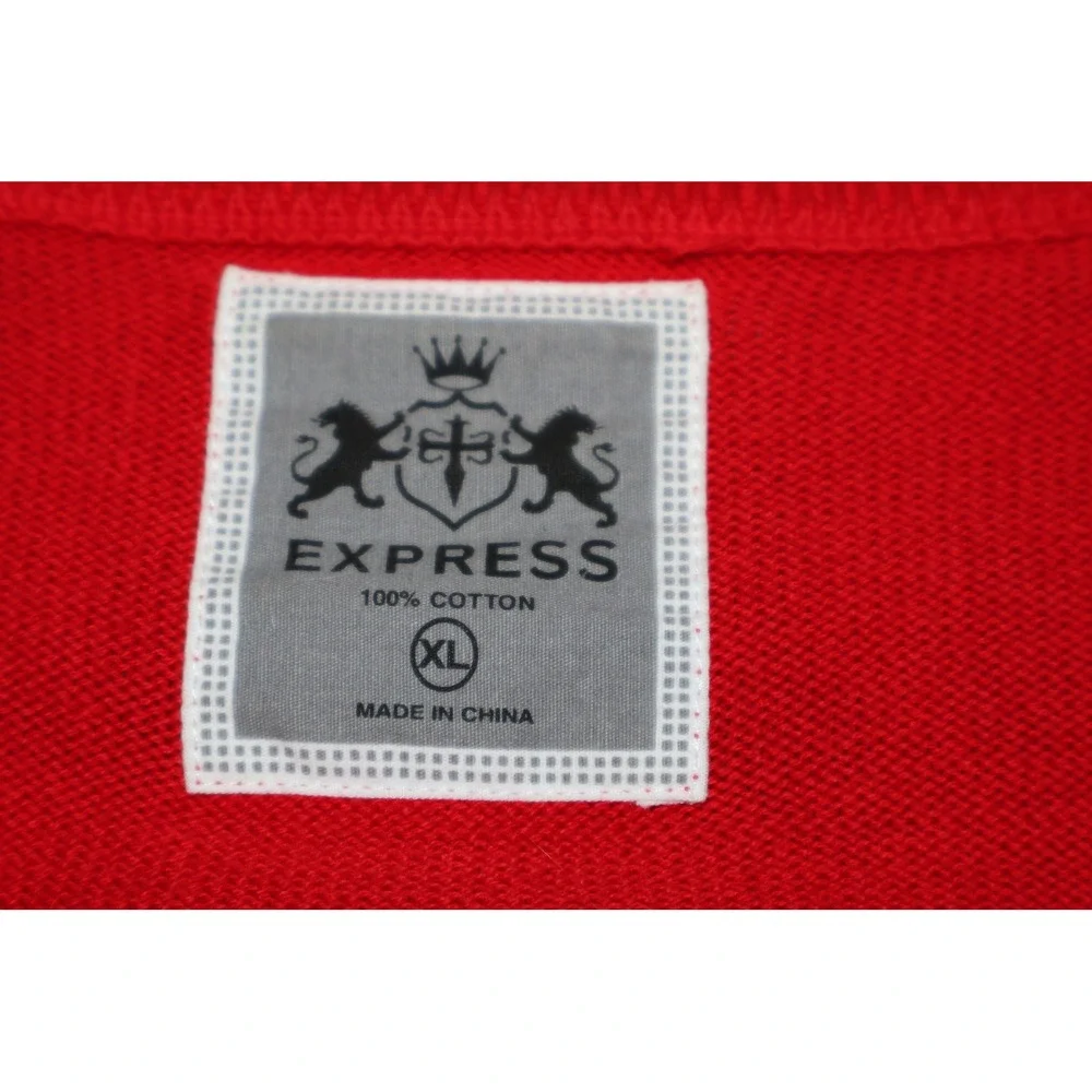 Express V-Neck Sweater Mens XL Red Lion Logo Cotton Pullover